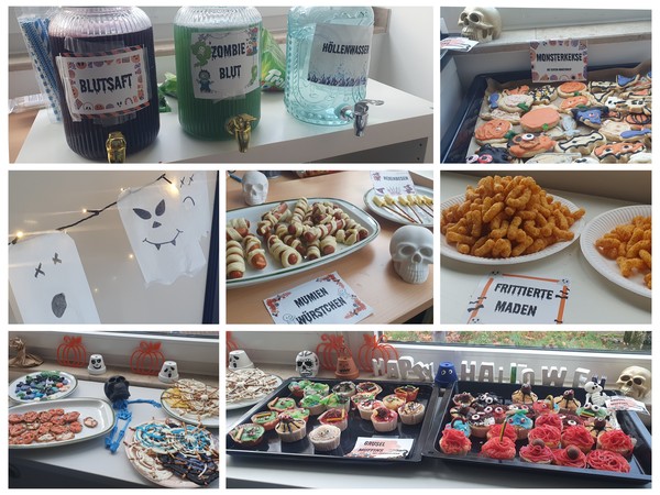 Bildercollage mit den unterschiedlichen Halloweensnacks.